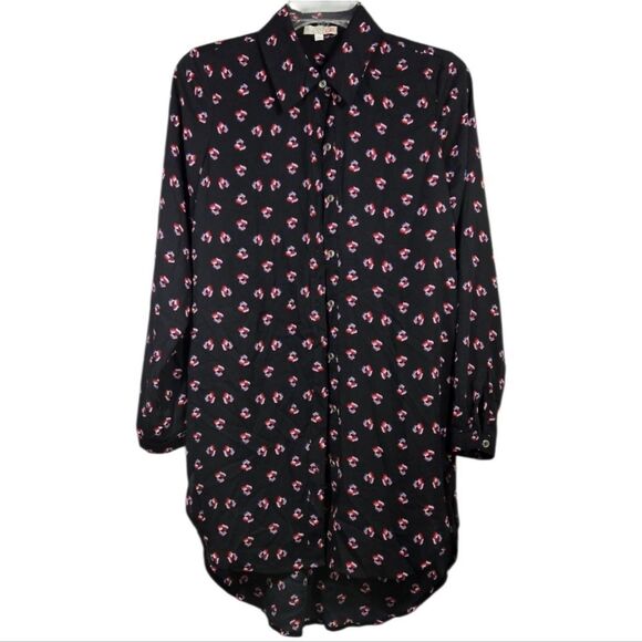 Gianni Bini Black Chiffon Button Down Long Sleeve Tunic Geometric Pattern Blouse - Picture 3 of 11